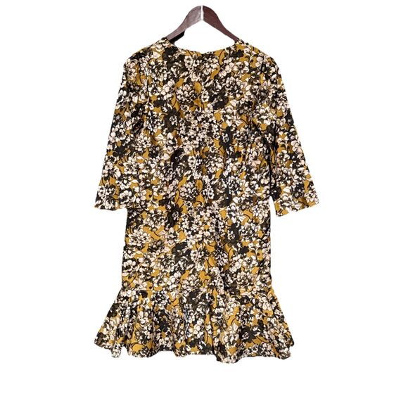 Ann Mashburn Size Small  Yellow Brown Floral Vneck Dress Ruffled Lined - Picture 2 of 10